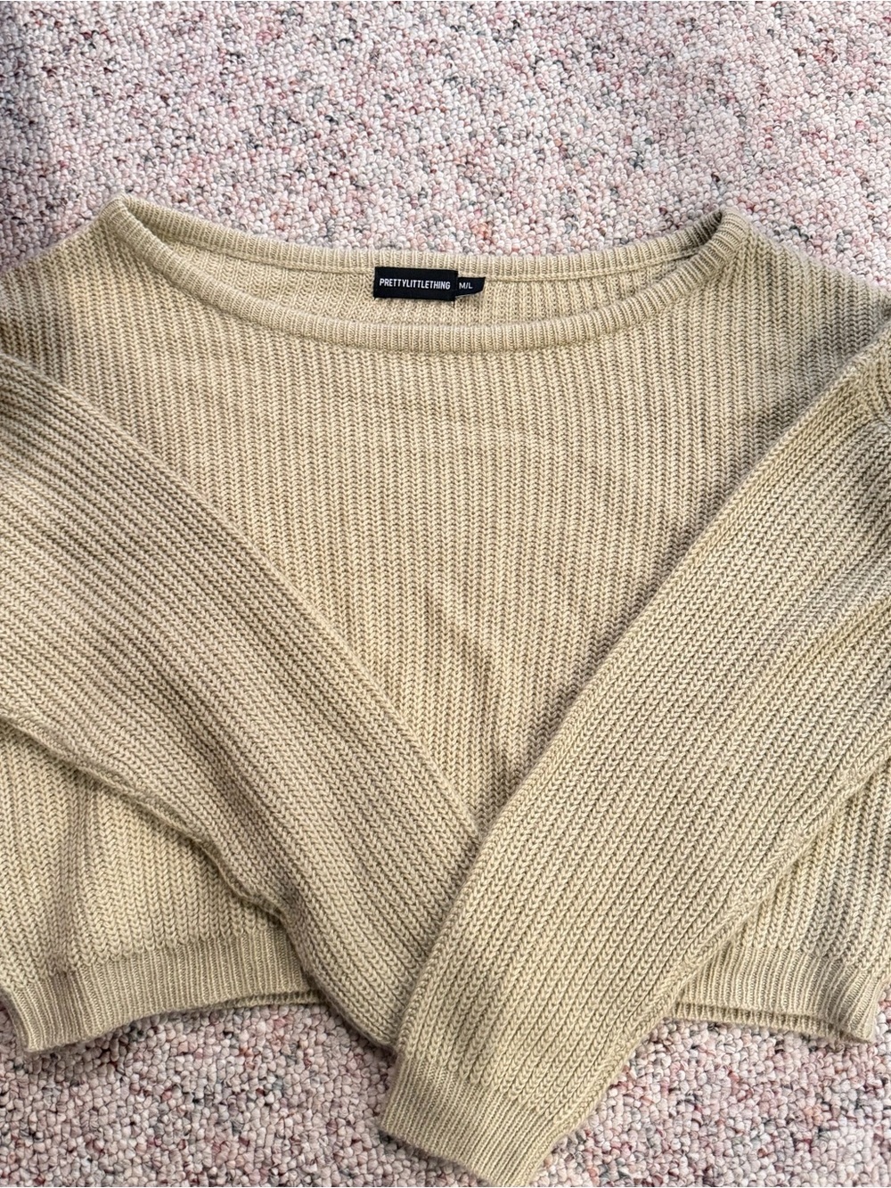 PrettyLittleThing Light Beige Ribbed Cropped Crew Neck Sweater